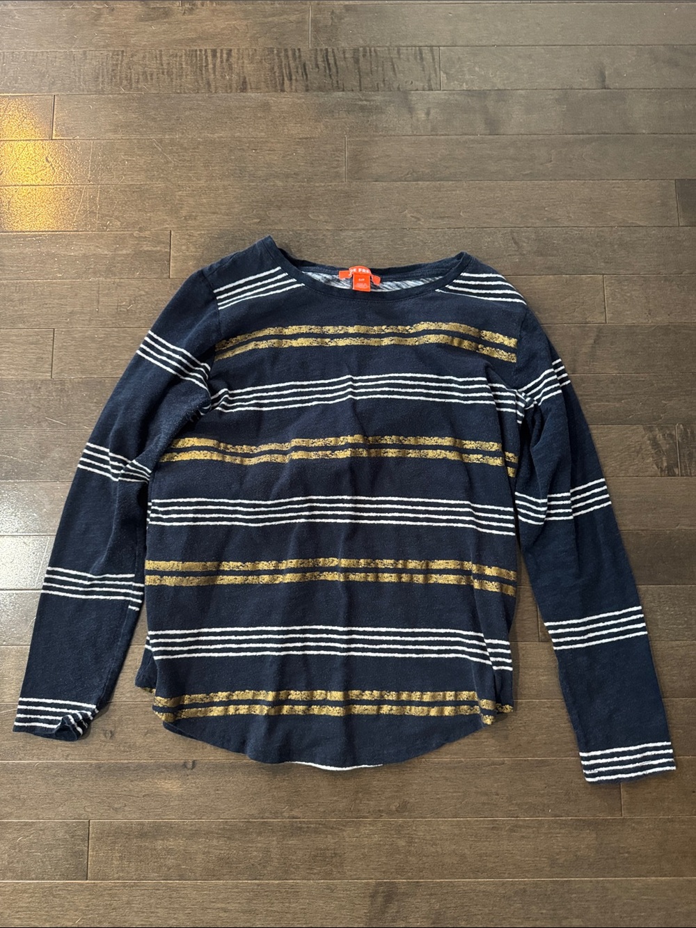 Women’s Navy Stripe Long-Sleeve Top with Gold Accent